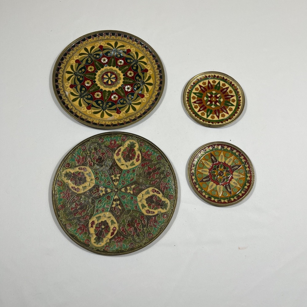 Byzantine Mosaic Wall Plates Set of 4 Enamel Brass Bohemian Decor Vintage